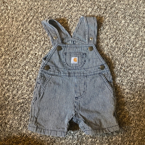 ✨SOLD✨  Baby Carhartt Pinstripe Short Overalls 3 months - Picture 1 of 7